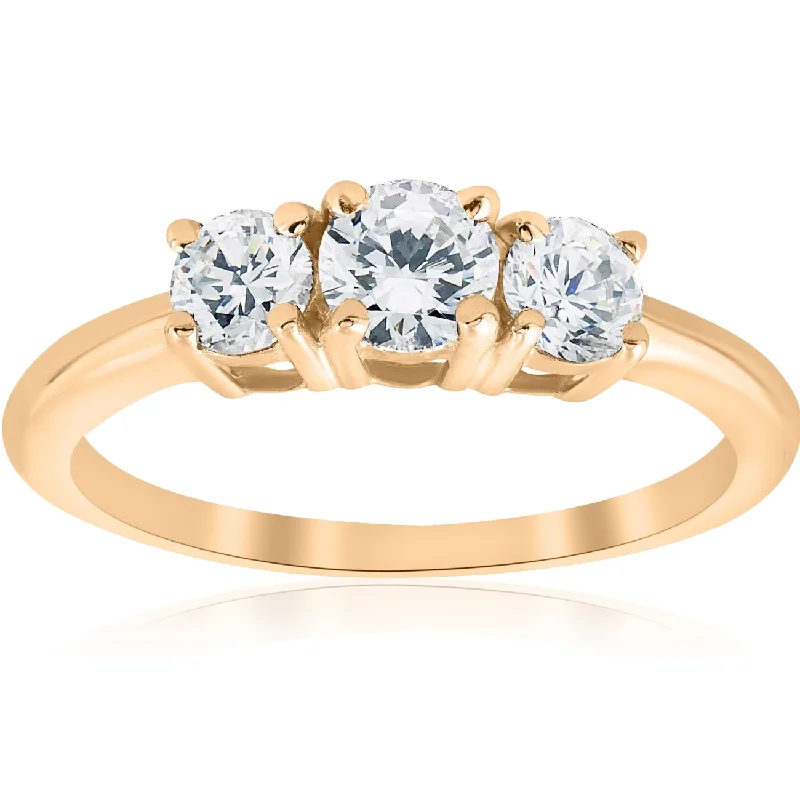 1ct 3 Stone Diamond Engagement Round Cut Ring Yellow Gold