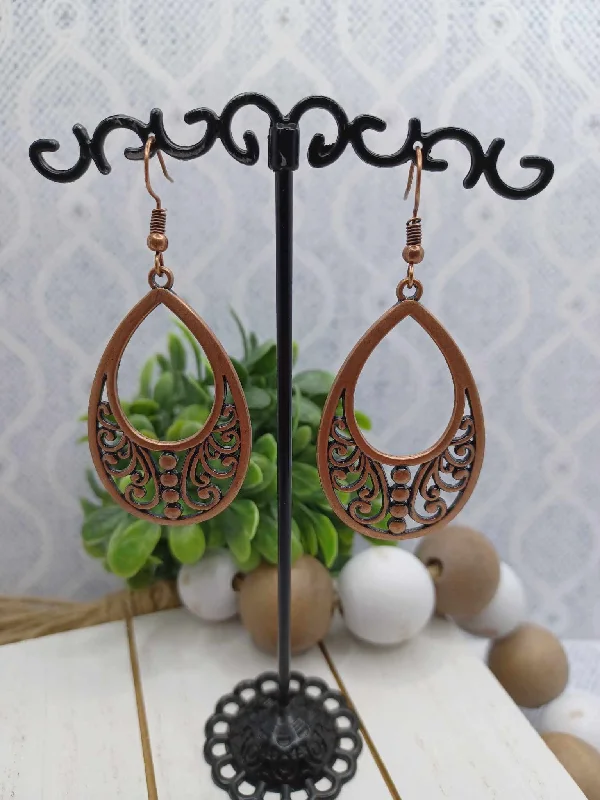 Copper Teardrop Earrings w/ Filigree Design