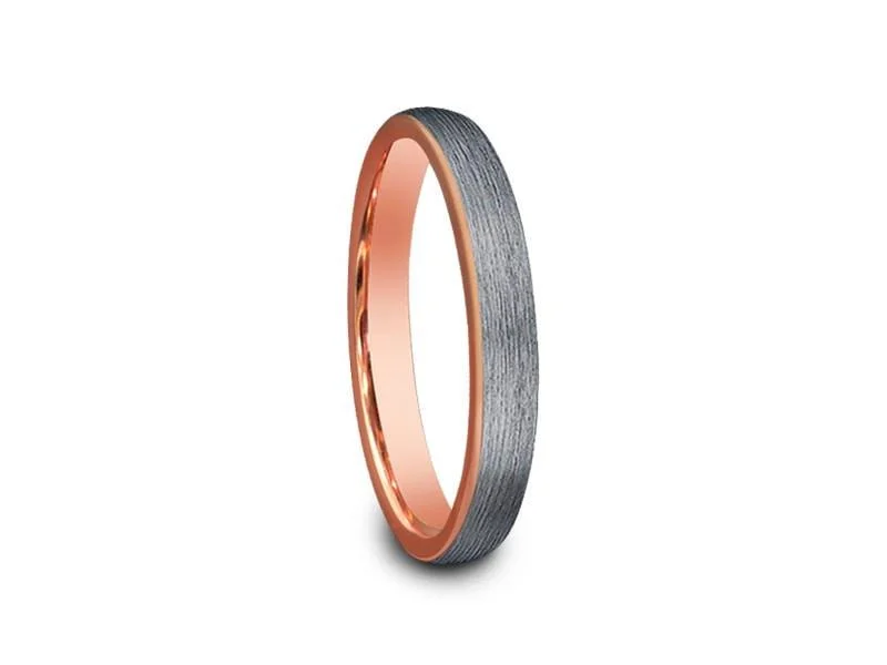 3MM BRUSHED GRAY Tungsten Wedding Band DOME AND ROSE GOLD INTERIOR