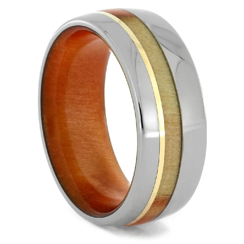 Flame Box Elder Burl Ring In Titanium With Yellow Gold Stripe