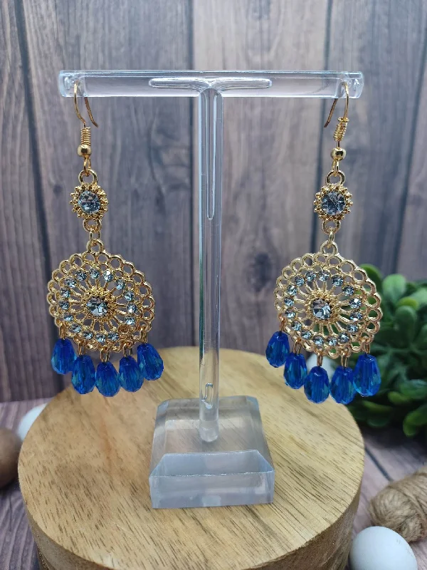 Blue Chandelier Beaded Earrings w/ Rhinestones