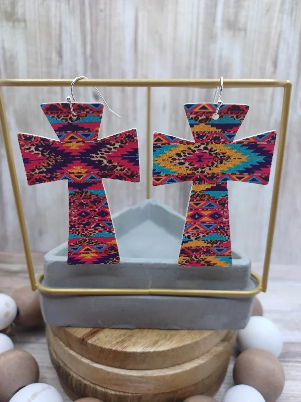 Multicolored & Leopard Print Leather Style Cross Earring