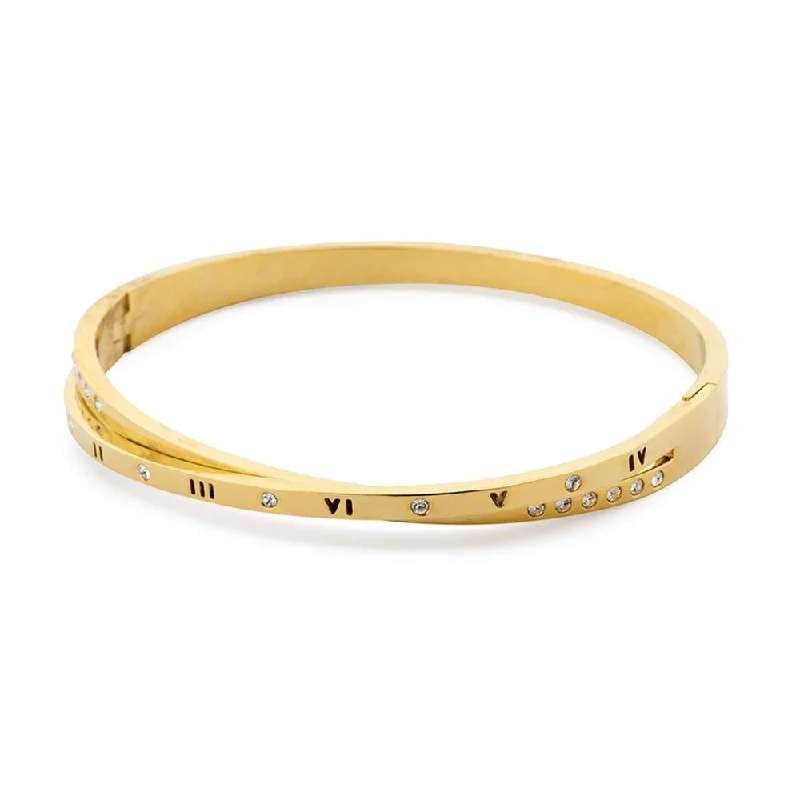 Stainless Steel Bangle Cross Over CZ Gold Plated