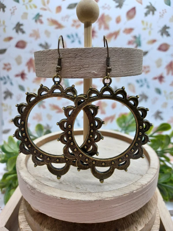 Brass Circle Style Earrings w/ Sunburst Style Design