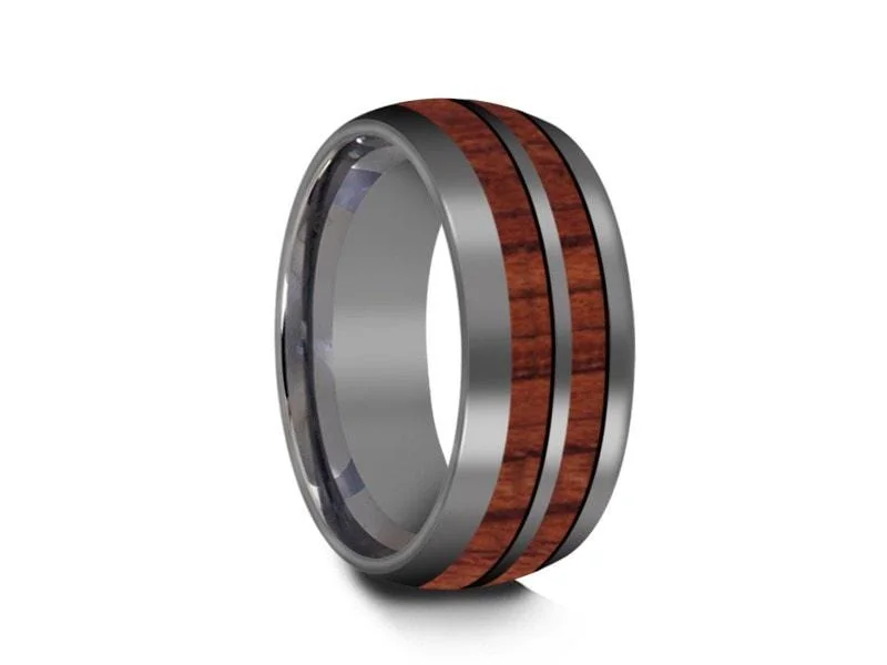 8MM HAWAIIAN Koa Wood Tungsten WEDDING BAND DOME AND GRAY INTERIOR