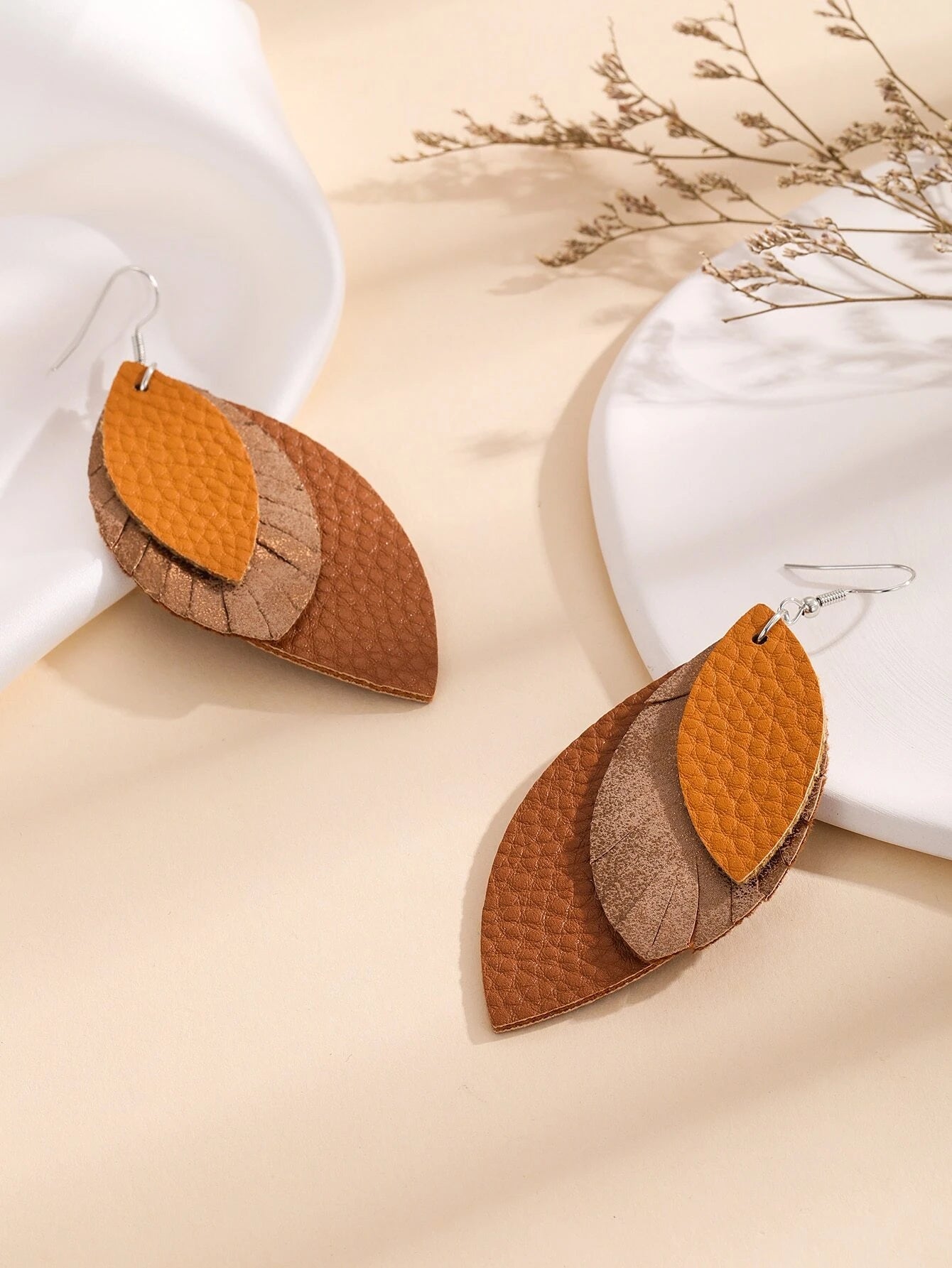 Triple Layered Leather Style Leaf Earrings