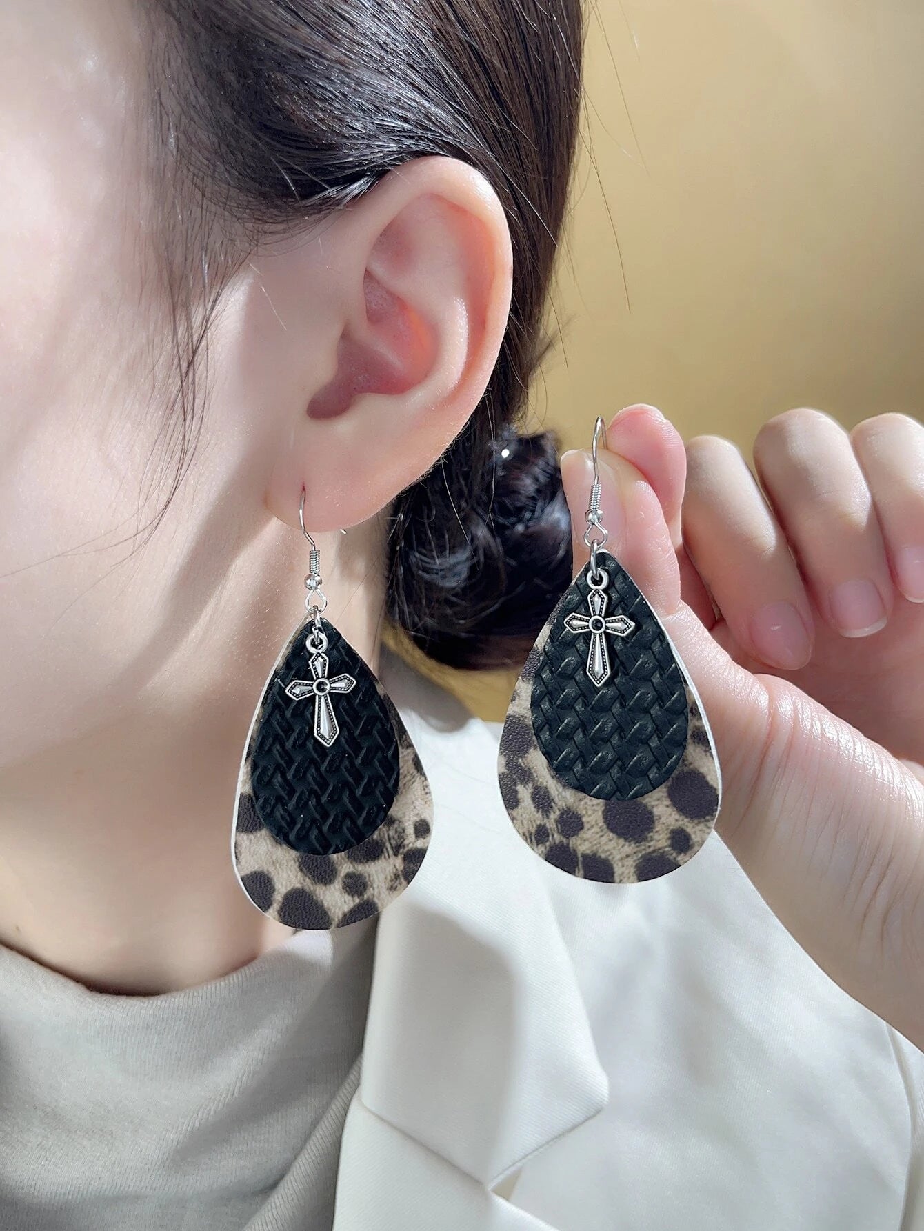 Leopard & Leather Style Layered Earrings w/ Cross Detail