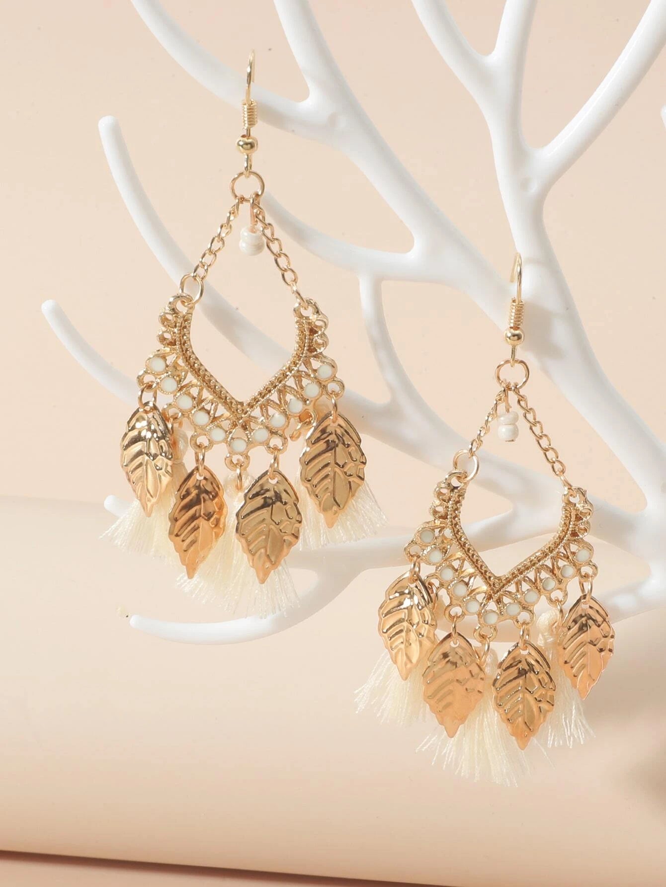 Gold Beaded & Tassel Style Earrings w/ White Tassels