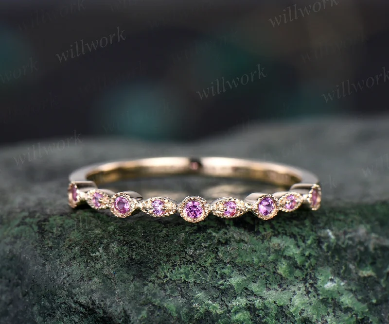 Milgrain bezel natural pink sapphire wedding band solid 14k yellow gold vintage art deco half eternity dainty wedding ring band women gift