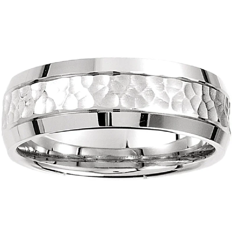 Mens 14k White Gold Hammered Beveled Edge 7MM Wedding Band Ring