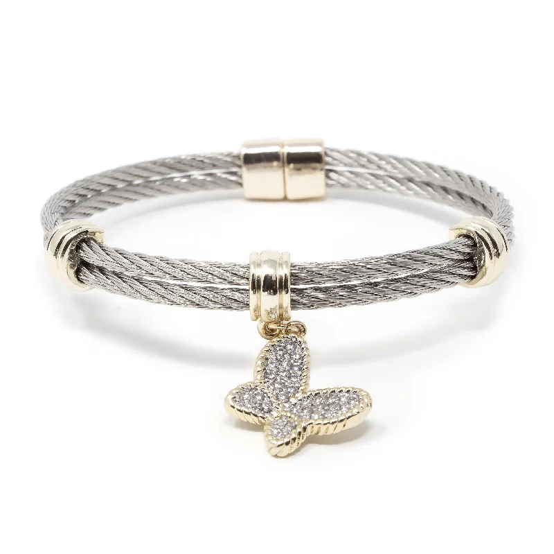 Stainless Steel Double Wire Bangle Pave Butterfly