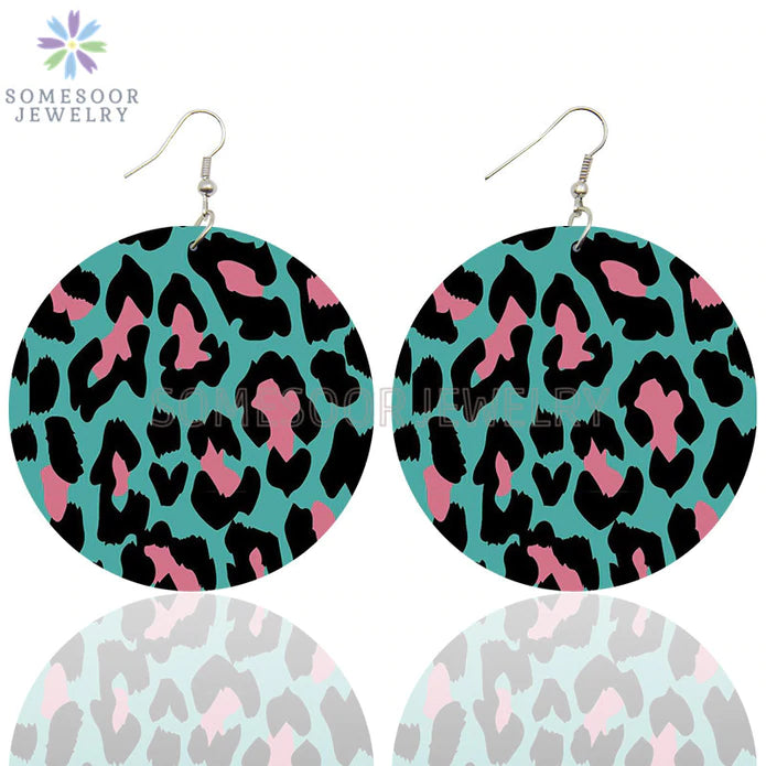 Pink & Blue Leopard Wooden Earrings