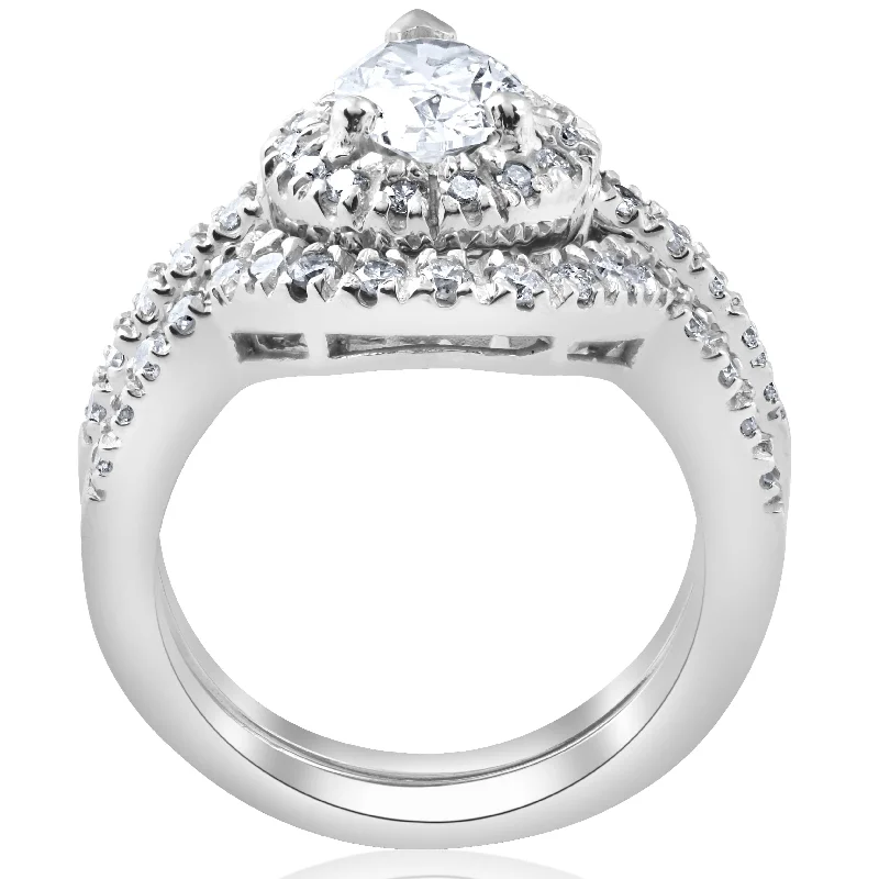 1 1/4ct Pear Shape Lab Grown Diamond Halo Wedding Engagement Set White Gold