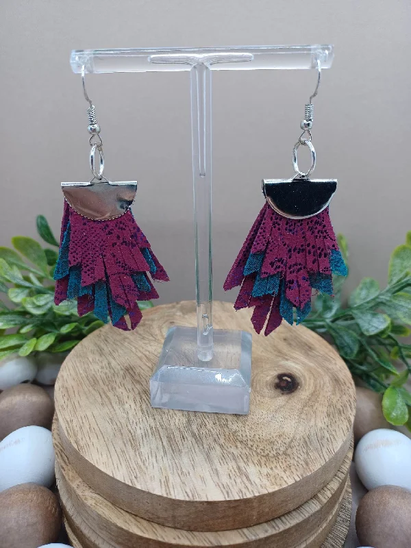 Triple Layered Deep Teal & Purple Leather Style Earrings