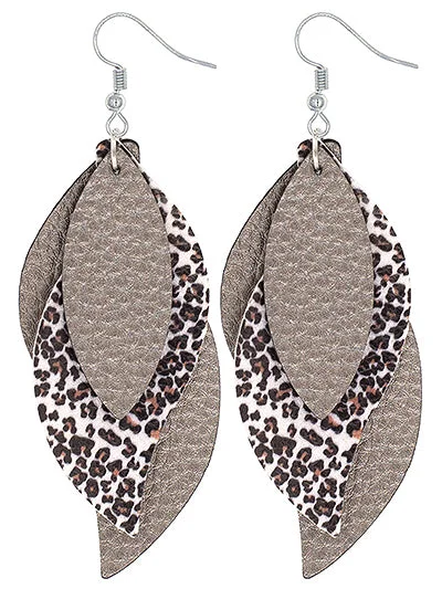 Triple Layered Leather Style Leopard Earrings