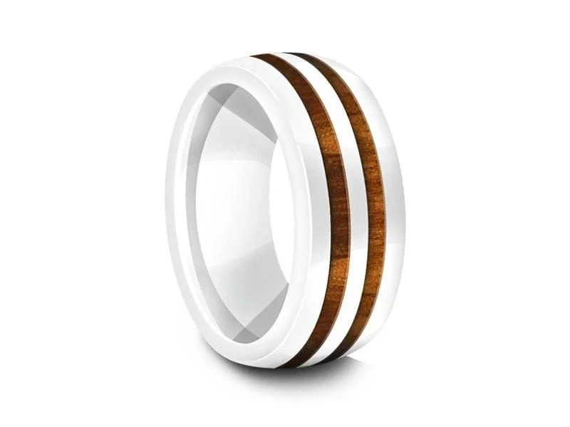 8MM WHITE CERAMIC WEDDING BAND DOME AND HAWAIIAN KOA WOOD INLAY