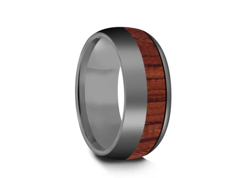 8MM HAWAIIAN Koa Wood Tungsten WEDDING BAND DOME AND GRAY INTERIOR