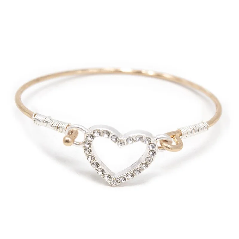 Two Tone Heart Pave Hook Bangle Silver T