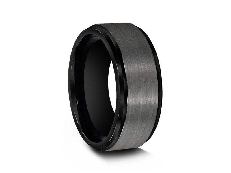 8MM Brushed GRAY Gunmetal Tungsten Wedding Band BLACK EDGES AND BLACK INTERIOR