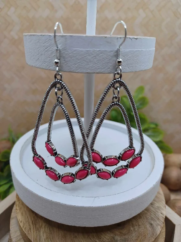 Silver Double Layered Geometric Style Earrings w/ Pink Beading