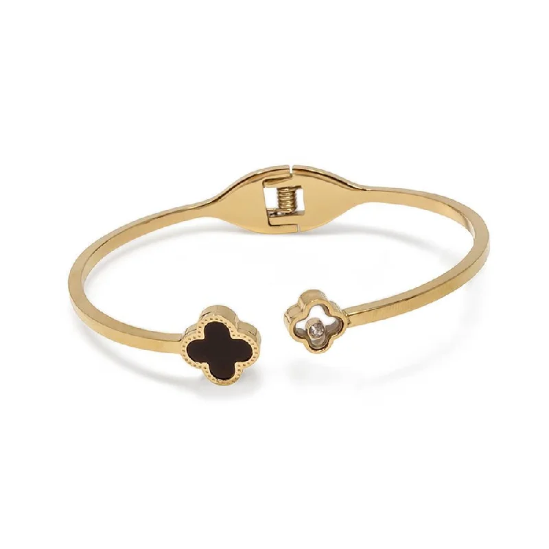 Stainless Steel Bangle Onyx Cross CZ Gold Plated