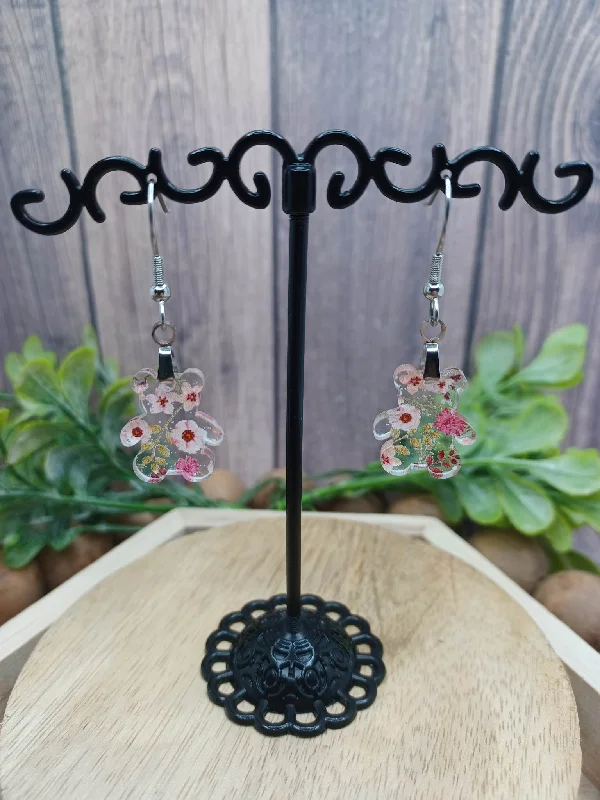 Pink Floral Print Teddy Bear Acrylic Earrings