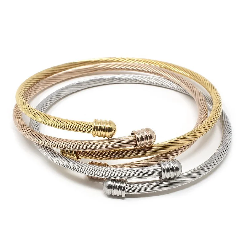 Stainless Steel Set of Three Cable Bangle Three Tone