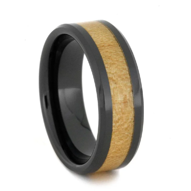 Black Ceramic Wedding Band for Men with Maple Wood