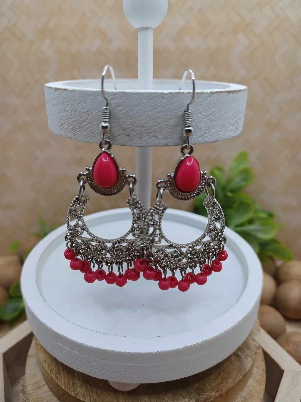 Silver Filigree Style Earrings w/ Pink Accents & Beading