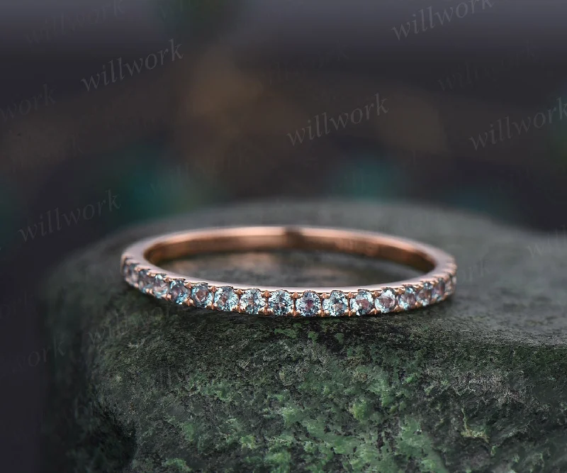 Half eternity Alexandrite wedding band 14k rose gold June birthstone ring dainty ring Alexandrite for women anniversary ring band gift