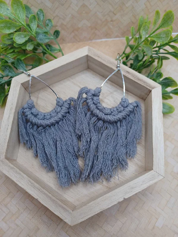 Grey Teardrop Shaped Macrame Earrings