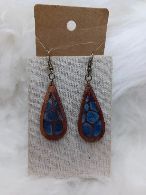 Wooden Teardrop Shaped Earrings w/ Blue Accent