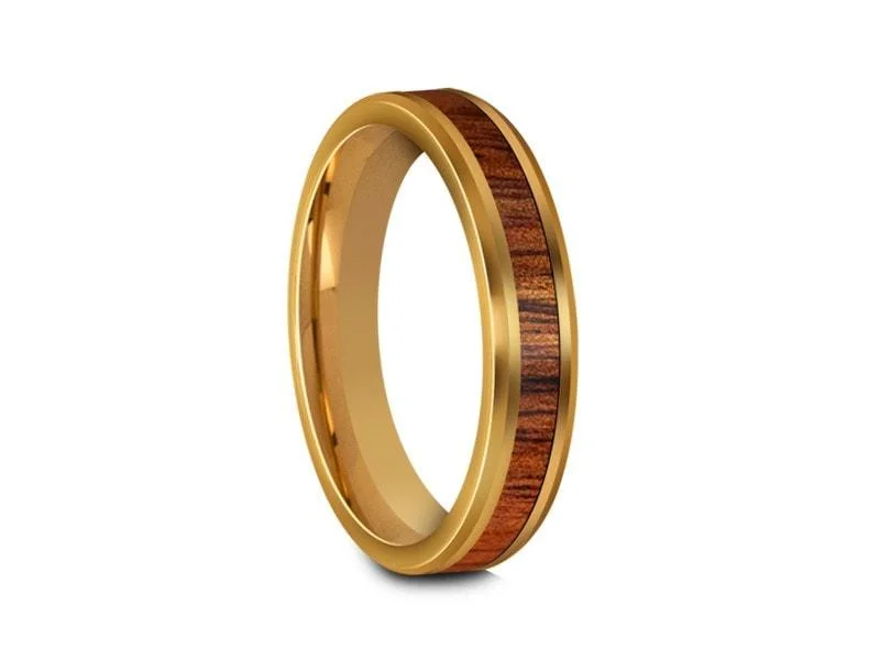 4MM HAWAIIAN Koa Wood Tungsten WEDDING BAND BEVELED AND YELLOW INTERIOR