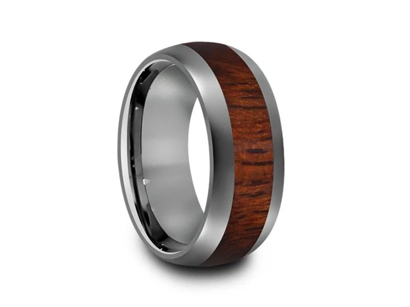 8MM HAWAIIAN Koa Wood Tungsten WEDDING BAND DOME AND GRAY INTERIOR