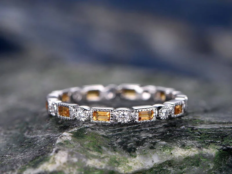 Natural Citrine wedding ring-solid 14k white gold-handmade unique ring-full eternity emerald cut cirtrine Matching band-diamond promise ring