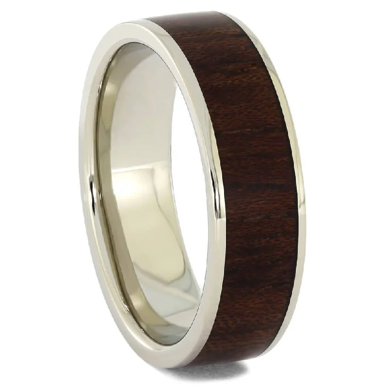 Flat White Gold Wedding Band with Bubinga Wood