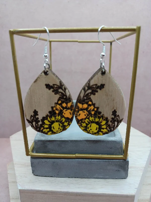 Wooden Sunflower Engraved Earrings