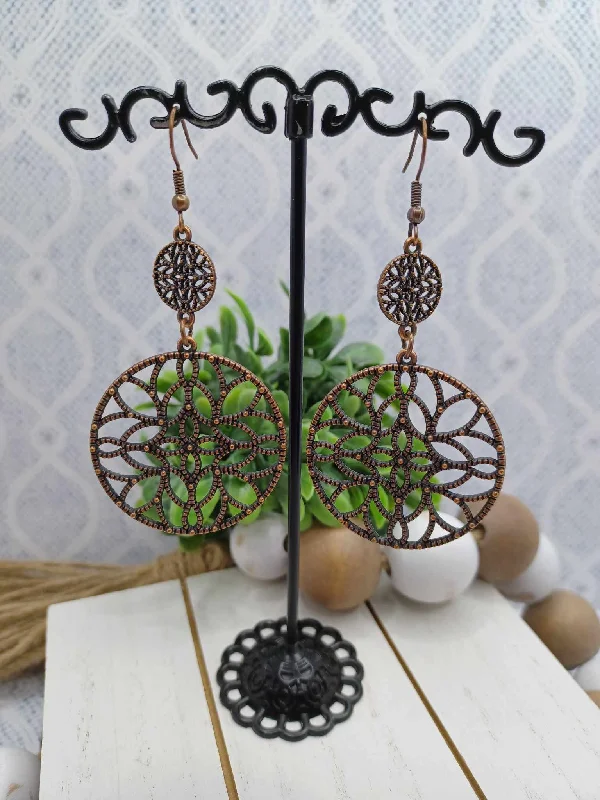 Copper Textured Circle Style Drop Earrings