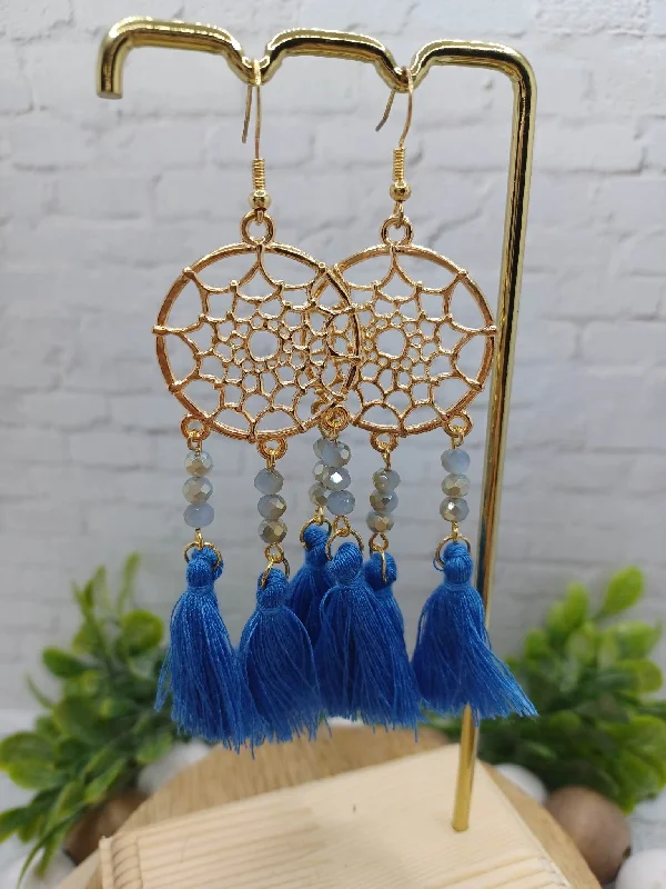 Blue Dreamcatcher Beaded & Tassel Earrings