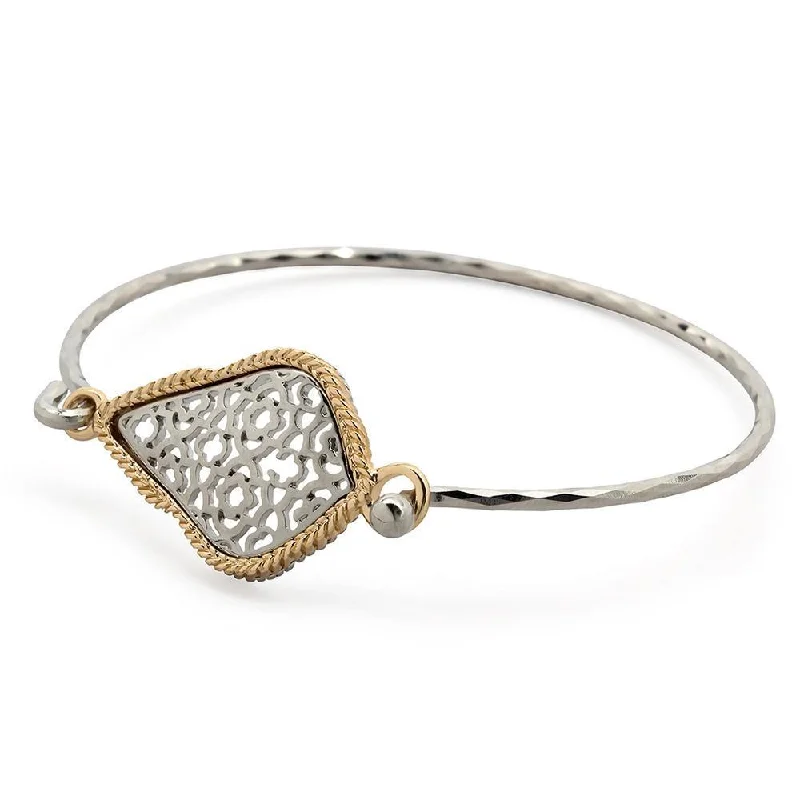 Two Tone Filigree Drop Bangle Rhodium Plated