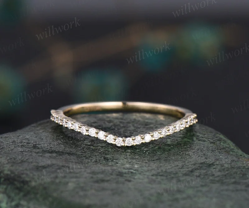 Curved V shaped diamond wedding band 14k yellow gold vintage stacking matching half eternity moissanite wedding ring band for women gift