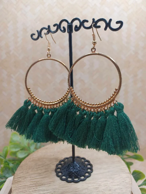 Hunter Green Tassel Earrings w/ Gold Detail