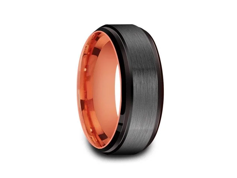 8MM Brushed GRAY GUNMETAL Tungsten Wedding Band BLACK EDGES AND ROSE GOLD INTERIOR