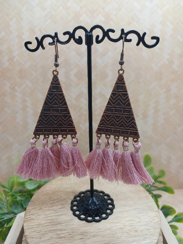 Copper Triangle Style Earrings w/ Ash Pink Tassels