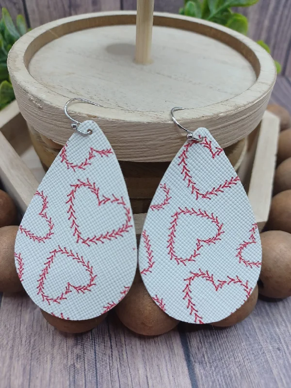 White & Red Baseball Stitching Heart Earrings