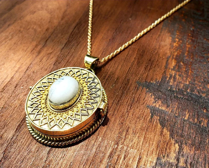 Large Gold Moonstone Locket Necklace