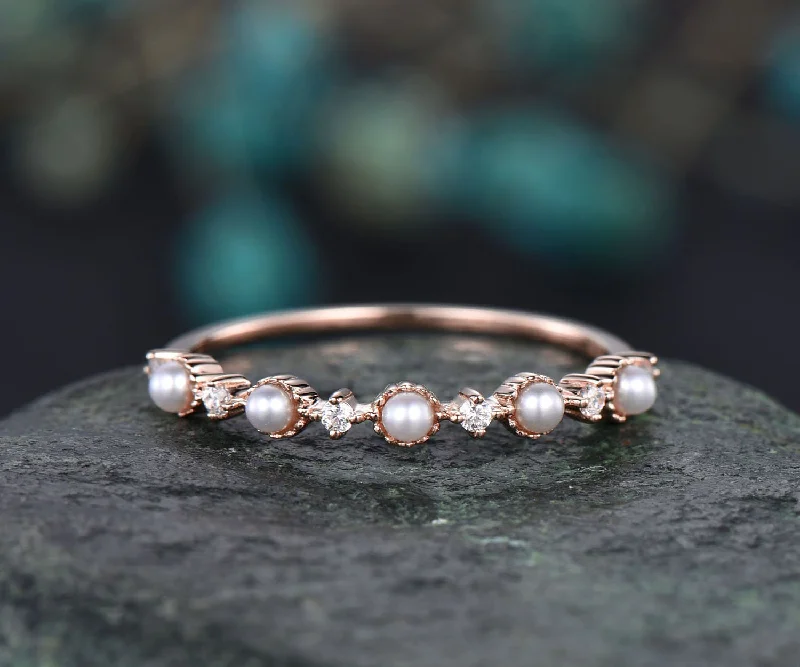 Fresh water pearl ring moissanite wedding band unique pearl ring stackable matching ring white/yellow/rose gold wedding anniversary gift