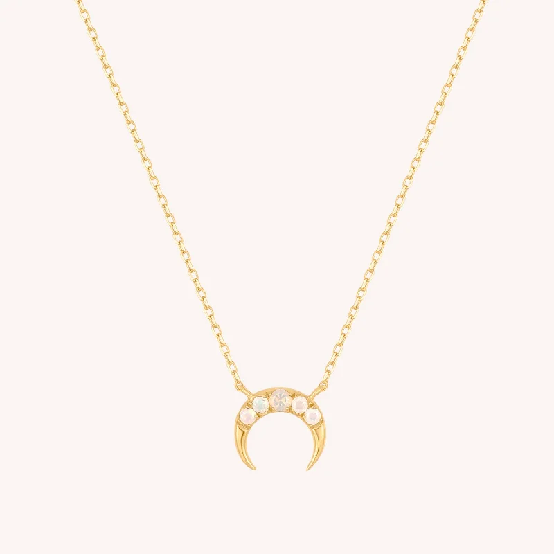 14K Solid Gold Opal Crescent Moon Necklace