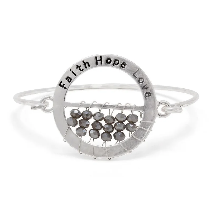 Faith Hope Love Hook Bangle with Grey Glass Bead Silver Tone