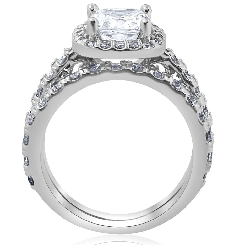 Pompeii3 14k White Gold 3 ct TDW Cushion Diamond Halo Clarity Enhanced Engagement Matching Wedding Ring Set